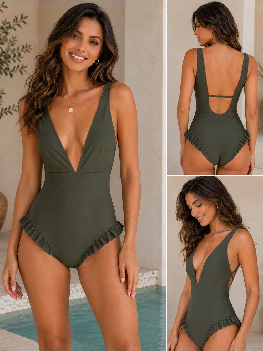 Cupshe Olive Green Plunge One Piece Swimsuit NWT Medium
